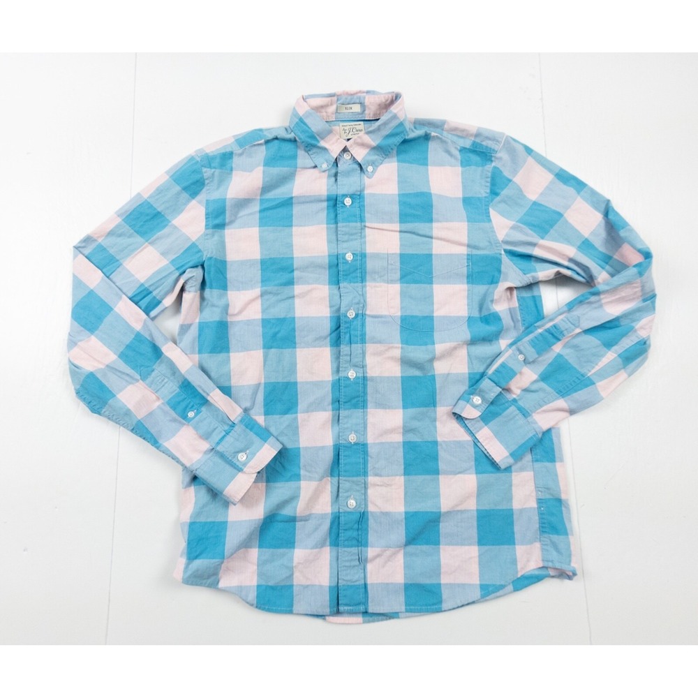 JCrew Shirt Adult Medium Blue Pink Button Up Long Sleeve Stretch Slim Fit Plaid